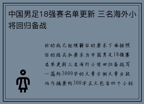 中国男足18强赛名单更新 三名海外小将回归备战